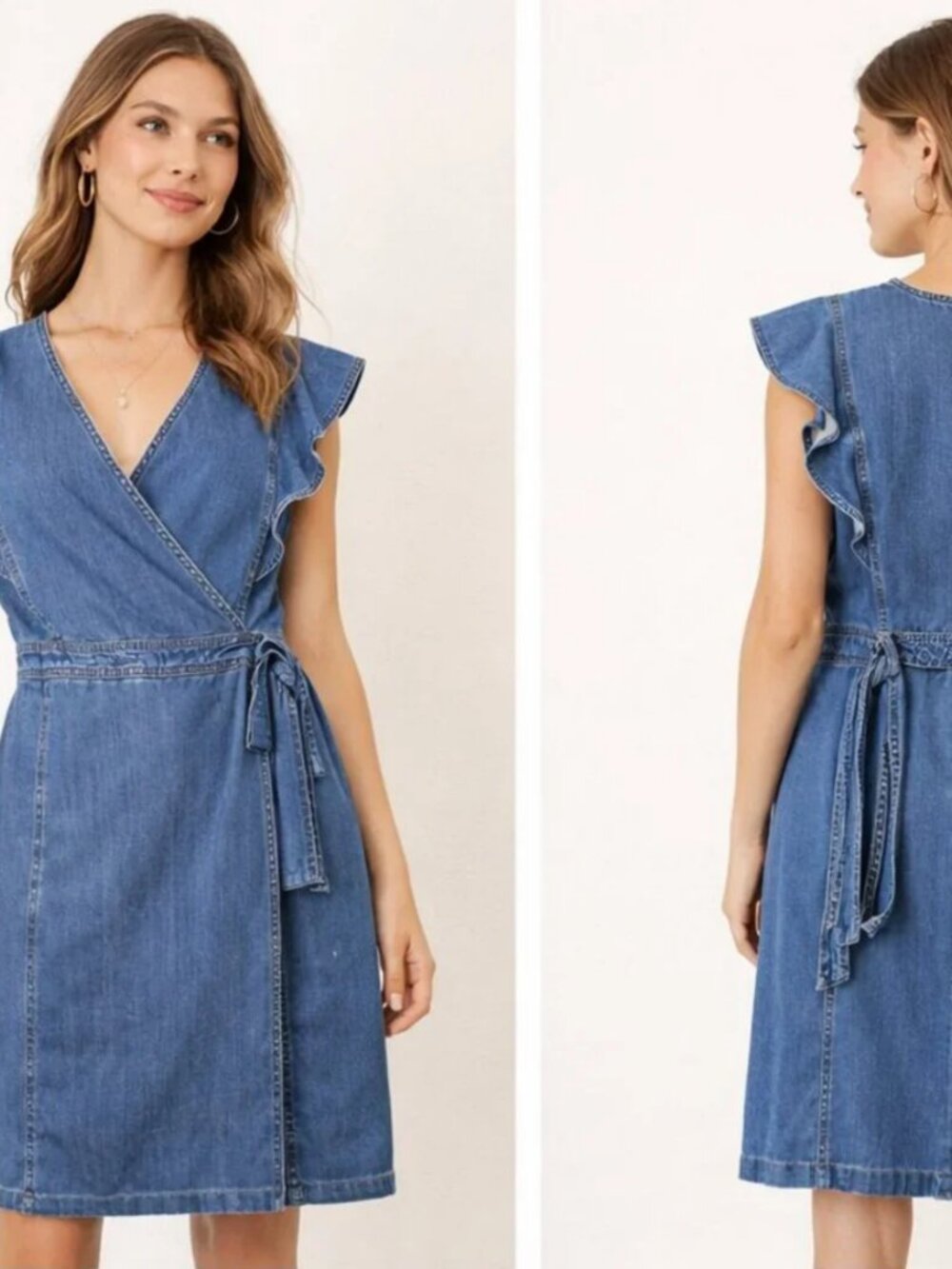 White House Black Market Blue Denim Wrap Dress with Ruffle Sleeves